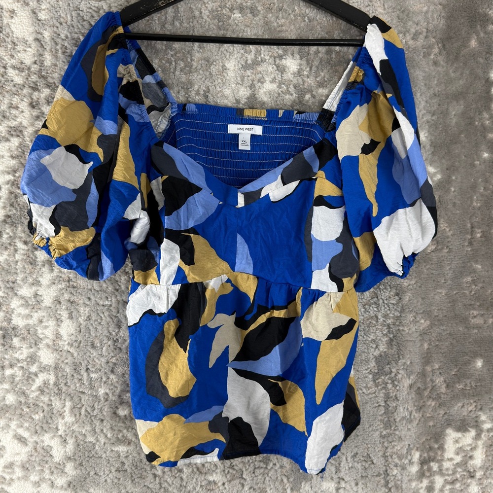 Nine West Size XXL Abstract Smocked Puff Sleeve‎ Blouse Blue Short Sleeve Women